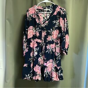 Billabong Navy Floral Dress with Pink and Cream Accents 3/4 Sleeve